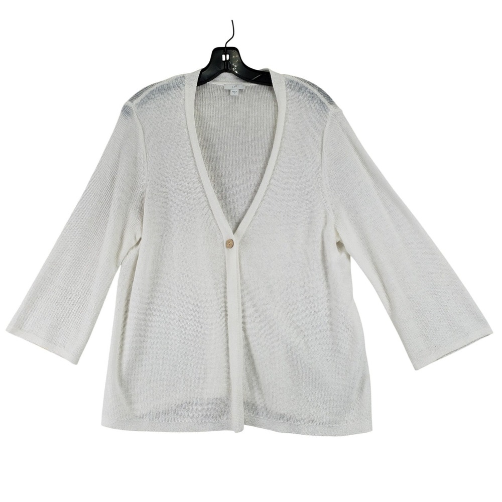 J Jill Linen Cardigan Womens L White Open Knit Single Button Coastal Minimalist